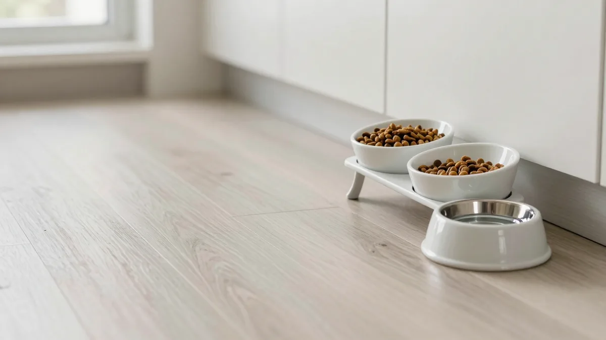 高さのある食器台に置かれた猫用フードボウルと給水ボウル