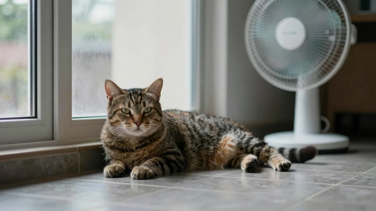 窓際の涼しいタイル床でくつろぐ猫と扇風機